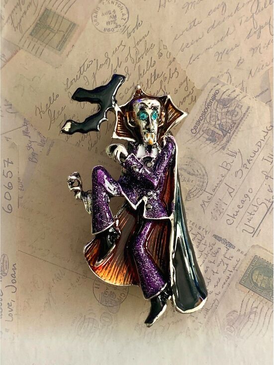 Jewelry - Spooky Dancing Dracula Enamel Pin with Bat Accent - Halloween Fun!